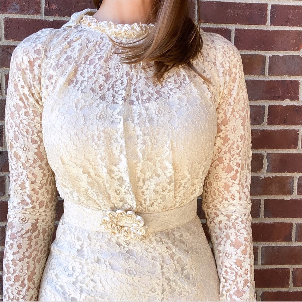 Vintage 1940s homemade lace long sleeve belted wedding dress maxi small XS - Picture 3 of 15